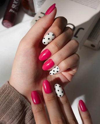 Berry Dot Short Oval polka dot press on nails red with pink dot solid color handmade nail art - image 3