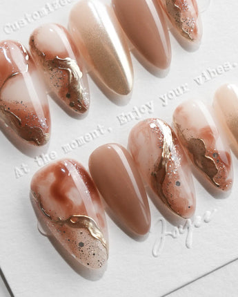 Driftwood Medium Almond nude marble press on nails with brown marble handmade nail art - image 1