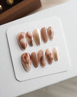 Driftwood Medium Almond nude marble press on nails with brown marble handmade nail art - image 3