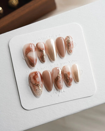 Driftwood Medium Almond nude marble press on nails with brown marble handmade nail art - image 3