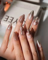 Driftwood Medium Almond nude marble press on nails with brown marble handmade nail art - image 4