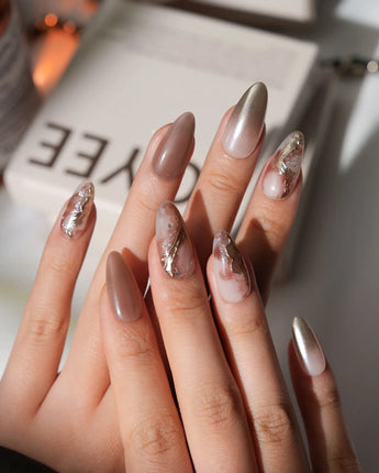Driftwood Medium Almond nude marble press on nails with brown marble handmade nail art - image 4