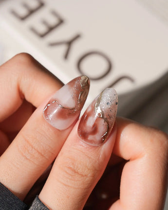 Driftwood Medium Almond nude marble press on nails with brown marble handmade nail art - image 5