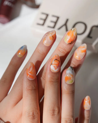 Marmalade Extra Short Almond orange marble press on nails with orange marble handmade nail art - image 1