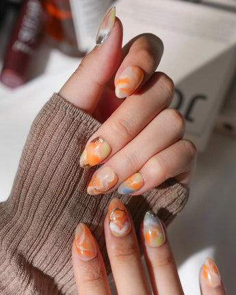 Marmalade Extra Short Almond orange marble press on nails with orange marble handmade nail art - image 3