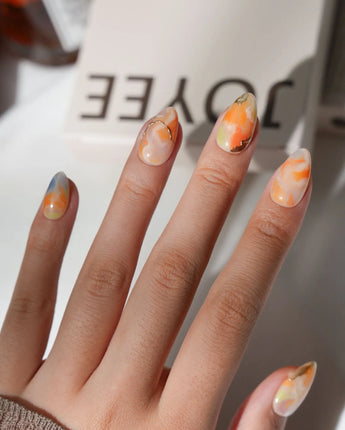 Marmalade Extra Short Almond orange marble press on nails with orange marble handmade nail art - image 4
