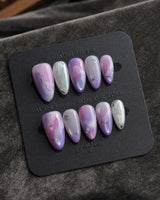 Stardust Short Almond galaxy press on nails with purple marble handmade nail art - image 1