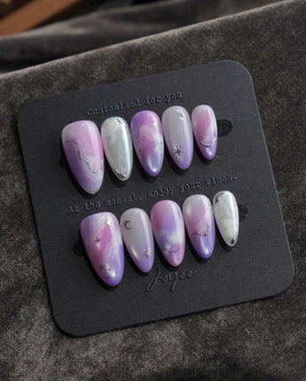 Stardust Short Almond galaxy press on nails with purple marble handmade nail art - image 1