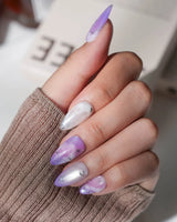 Stardust Short Almond galaxy press on nails with purple marble handmade nail art - image 2