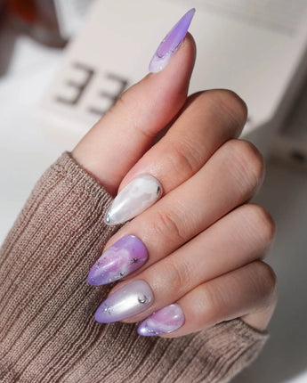 Stardust Short Almond galaxy press on nails with purple marble handmade nail art - image 2