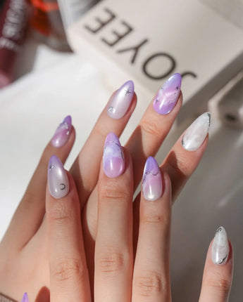 Stardust Short Almond galaxy press on nails with purple marble handmade nail art - image 3
