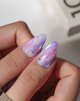 Stardust Short Almond galaxy press on nails with purple marble handmade nail art - image 4