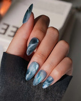 Storm Medium Almond blue cat eye press on nails with blue cat eye marble handmade nail art - image 2