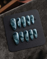 Storm Medium Almond blue cat eye press on nails with blue cat eye marble handmade nail art - image 3