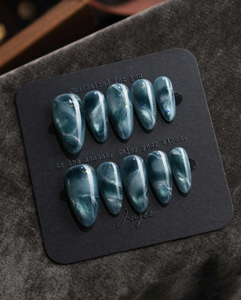 Storm Medium Almond blue cat eye press on nails with blue cat eye marble handmade nail art - image 3