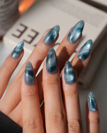 Storm Medium Almond blue cat eye press on nails with blue cat eye marble handmade nail art - image 4