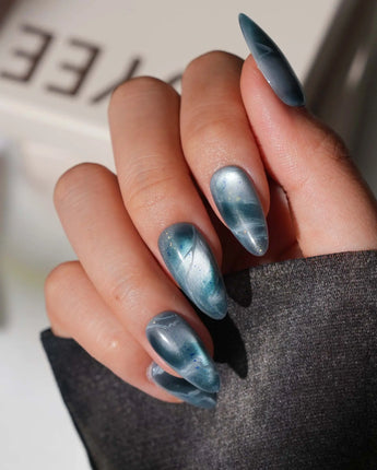 Storm Medium Almond blue cat eye press on nails with blue cat eye marble handmade nail art - image 5