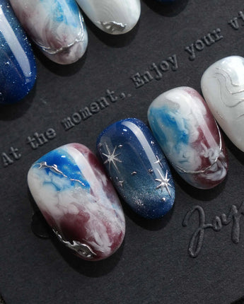 Midnight Short Oval dark blue press on nails with blue marble handmade nail art - image 1