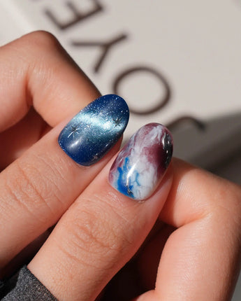 Midnight Short Oval dark blue press on nails with blue marble handmade nail art - image 2