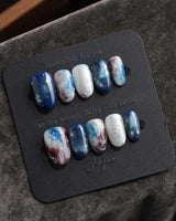 Midnight Short Oval dark blue press on nails with blue marble handmade nail art - image 3
