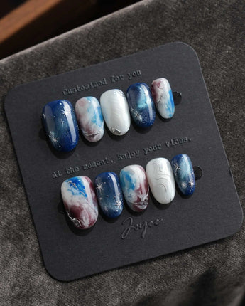 Midnight Short Oval dark blue press on nails with blue marble handmade nail art - image 3