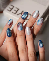 Midnight Short Oval dark blue press on nails with blue marble handmade nail art - image 4