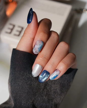 Midnight Short Oval dark blue press on nails with blue marble handmade nail art - image 5