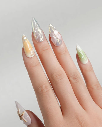 Fairy Bay handmade nails styled with soft romantic coastal details