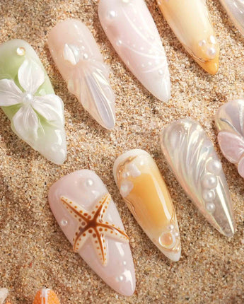 Fairy Bay handmade press-on nails featuring Ocean Style, 3D Starfish, Butterfly & Florals