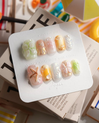 Fairy Bay short square press-on nails with pastel 3D starfish and butterfly accents