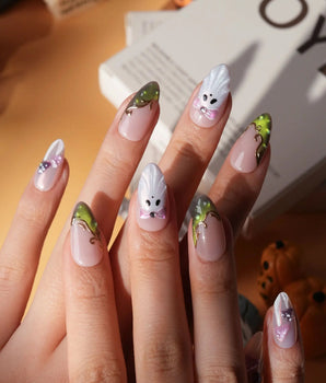 Fairy Ring press on nails with 3D pink and lime mushrooms, a glitter ghost with pink bow and lime green cat eye tips with gold vines - image 2