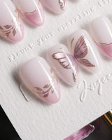 Fairy Wings handmade press-on nails featuring Ethereal Pink & Purple, Hand-painted Metallic Butterflies & French Gradient.
