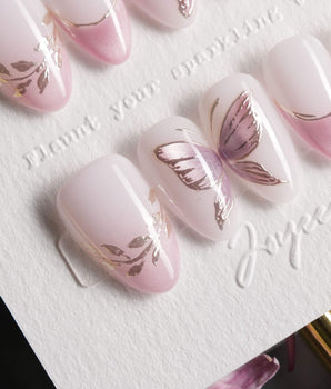 Fairy Wings handmade press-on nails featuring Ethereal Pink & Purple, Hand-painted Metallic Butterflies & French Gradient.