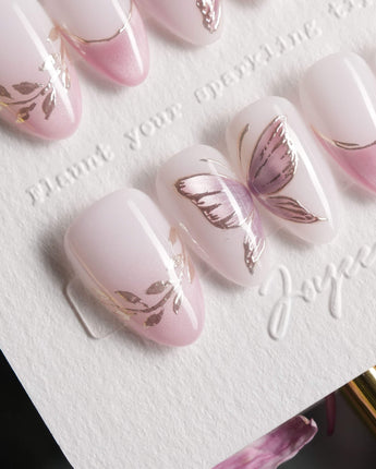 Fairy Wings handmade press-on nails featuring Ethereal Pink & Purple, Hand-painted Metallic Butterflies & French Gradient.