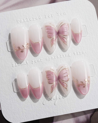 Fairy Wings nails in short almond — Ethereal Pink & Purple,