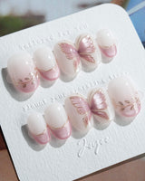 Fairy Wings press-on nails in short oval shape — Ethereal Pink & Purple, Hand-painted Metallic Butterflies & French Gradient.