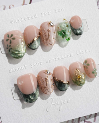 Fairyland - Jetlag Garden nails — Forest Dark Green, Hand-painted by Joyee Nails