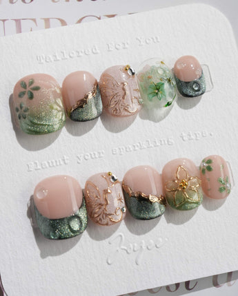 Fairyland - Jetlag Garden nails — Forest Dark Green, Hand-painted by Joyee Nails