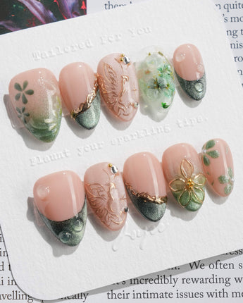 Fairyland - Jetlag Garden nails — Forest Dark Green, Hand-painted by Joyee Nails