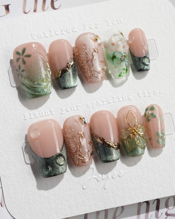 Fairyland - Jetlag Garden nails — Forest Dark Green, Hand-painted by Joyee Nails