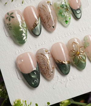Fairyland - Jetlag Garden press-on nails — Forest Dark Green, Hand-painted