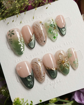 Fairyland - Jetlag Garden nails — Forest Dark Green, Hand-painted by Joyee Nails