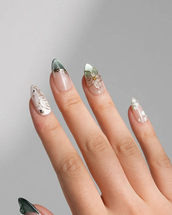 Fairyland - Jetlag Garden nails in short almond — Forest Dark Green, Hand-painted