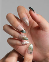Fairyland - Jetlag Garden nails in short almond — Forest Dark Green, Hand-painted