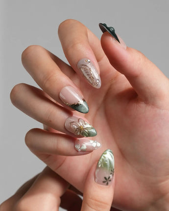 Fairyland - Jetlag Garden nails in short almond — Forest Dark Green, Hand-painted