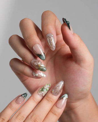 Fairyland - Jetlag Garden press-on nails — Forest Dark Green, Hand-painted