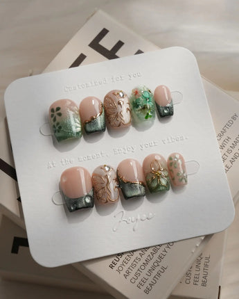 Fairyland - Jetlag Garden nails in extra short coffin — Forest Dark Green, Hand-painted