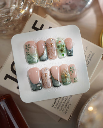 Fairyland - Jetlag Garden nails in medium square — Forest Dark Green, Hand-painted