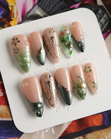 Fairyland - Jetlag Garden nails in medium stiletto — Forest Dark Green, Hand-painted