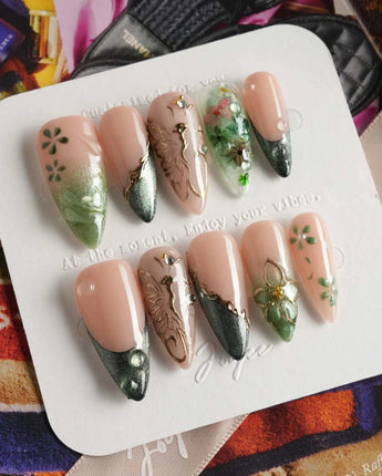 Fairyland - Jetlag Garden nails in medium stiletto — Forest Dark Green, Hand-painted